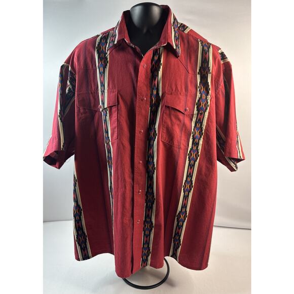 Vtg Wrangler Western Shirt Mens 2XL Short Sleeve Brushpopper Aztec Pearl Snap - Picture 1 of 7